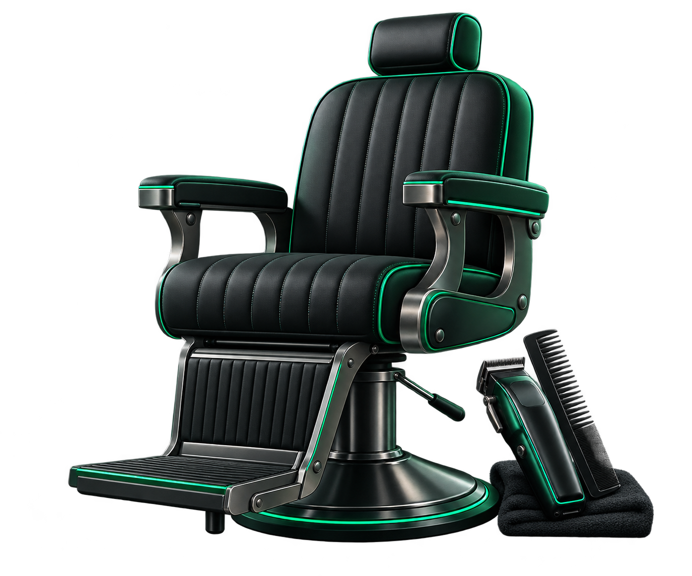 Cadeira de barbearia e instrumentos em uma composição visual da Barbearia AI
